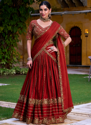 Mesmerizing Zari Embroidered Rangoli Crush Rust Orange Lehenga Choli